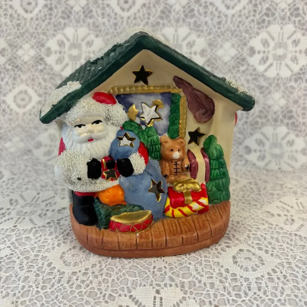 Vintage Christmas Santa House Tealight Candle Holder Ceramic Holiday Luminary